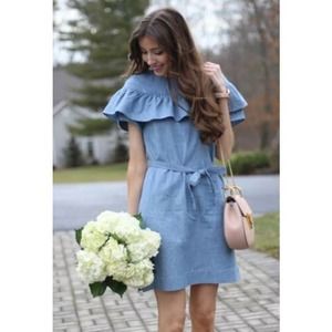 J. Crew Edie Ruffle Chambray Blue Belted Short Sleeve Dress, Size 2 Tall